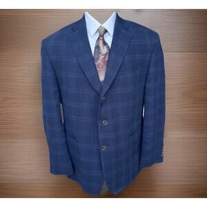 Jos A Bank 1905 Italy Pantex 77% Linen, 23% Cotton Sport Coat 48R Navy plaid